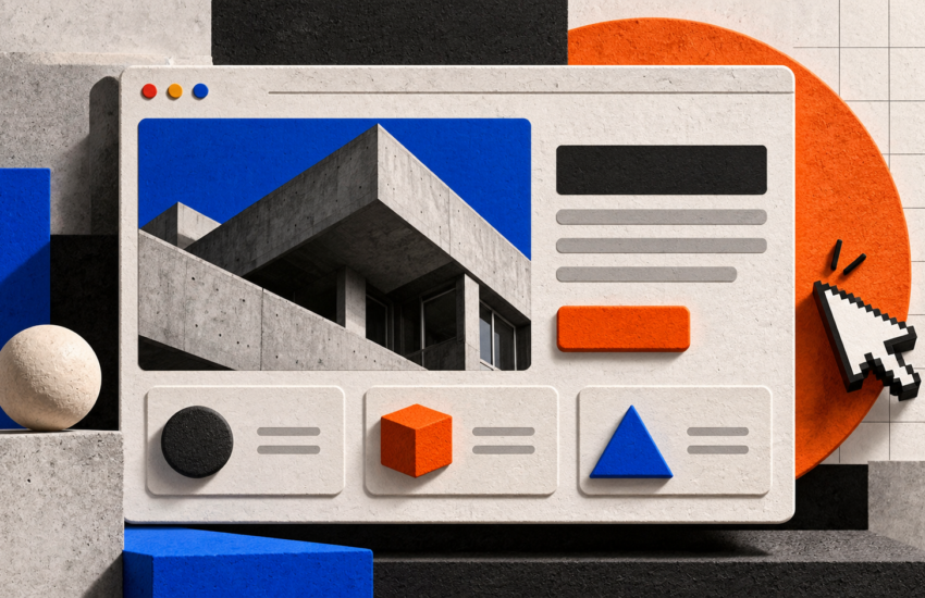 Tactile brutalism in web design featuring textured surfaces, bold geometric shapes, and a sculptural website interface.