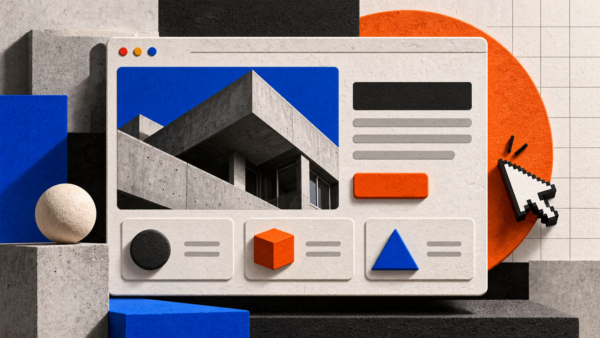 Tactile brutalism in web design featuring textured surfaces, bold geometric shapes, and a sculptural website interface.