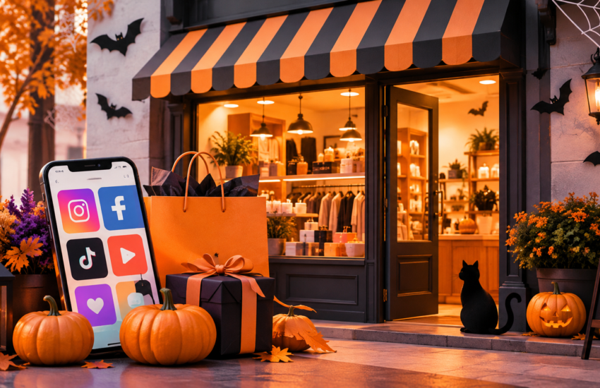 Halloween marketing ideas for small businesses featuring a festive storefront, seasonal products, pumpkins, and social media icons.