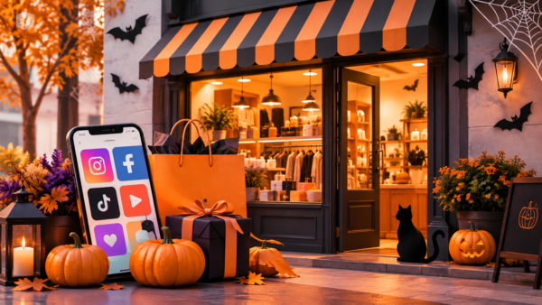 Halloween marketing ideas for small businesses featuring a festive storefront, seasonal products, pumpkins, and social media icons.